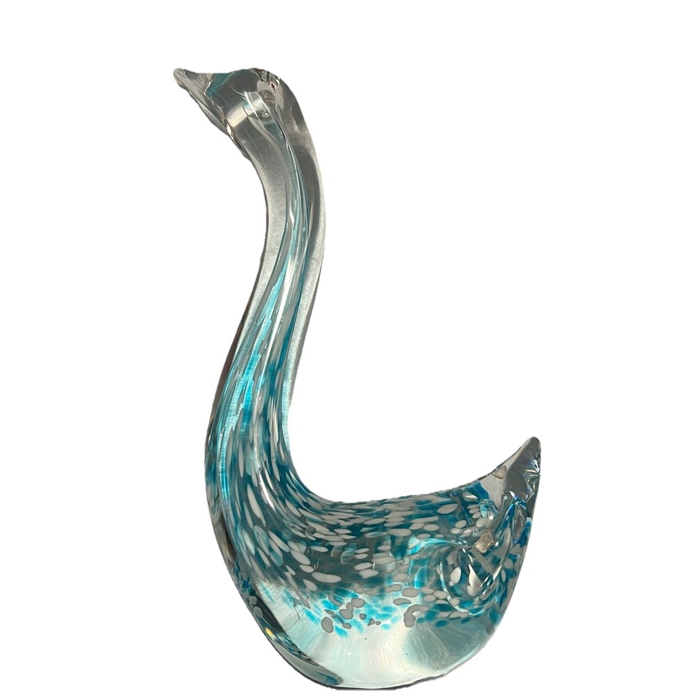 Murano-Style Art Glass Swan‎ Bird Figurine w Blue & White Swirls 7x3.5